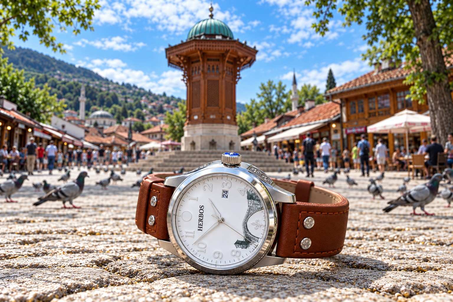 The Herbos Stari Most Edition on the cobblestones of Baščaršija, the Sebilj behind