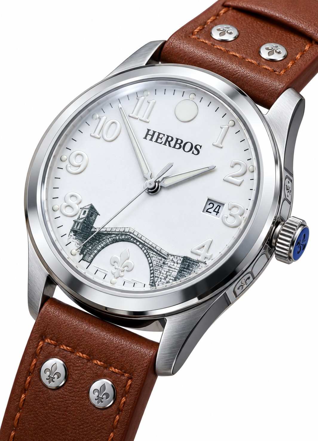 White matte dial with the engraved Stari Most and a lily at 6 o’clock