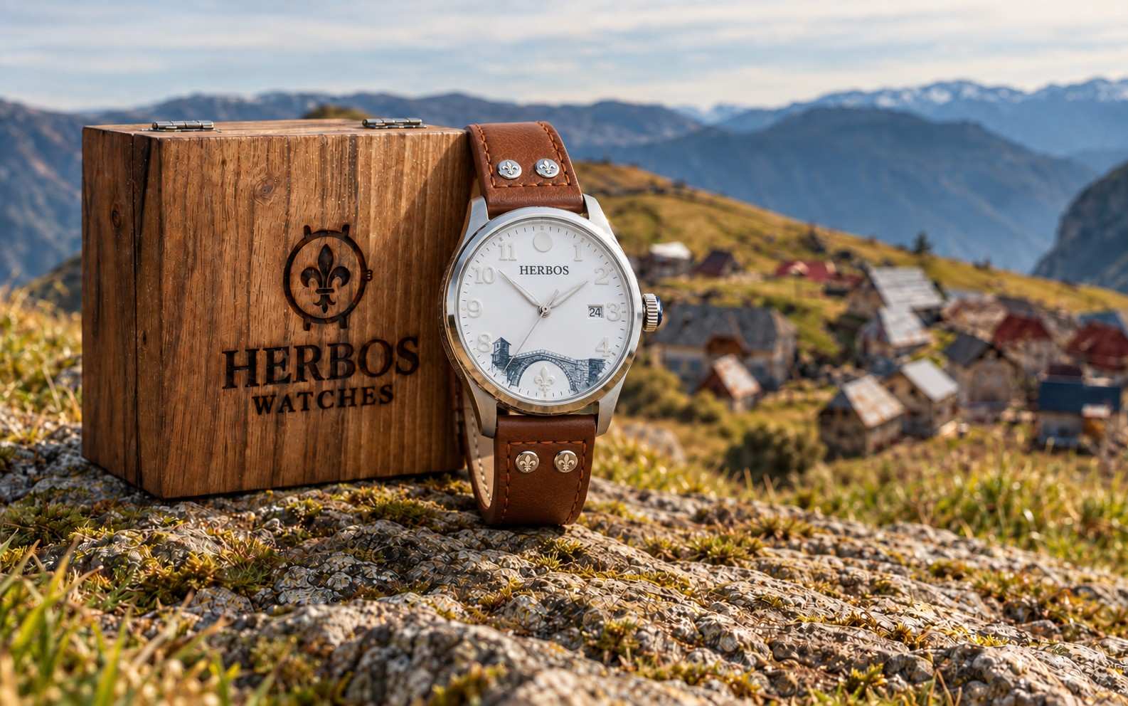 The Herbos Stari Most Edition beside the walnut box on a rock, a mountain village behind