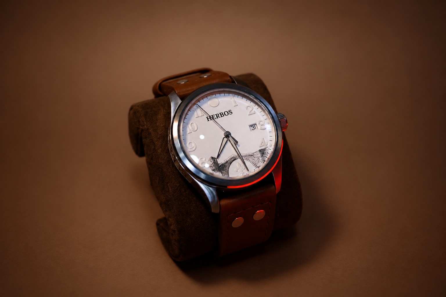 The Herbos Stari Most Edition on a leather cushion in warm side light