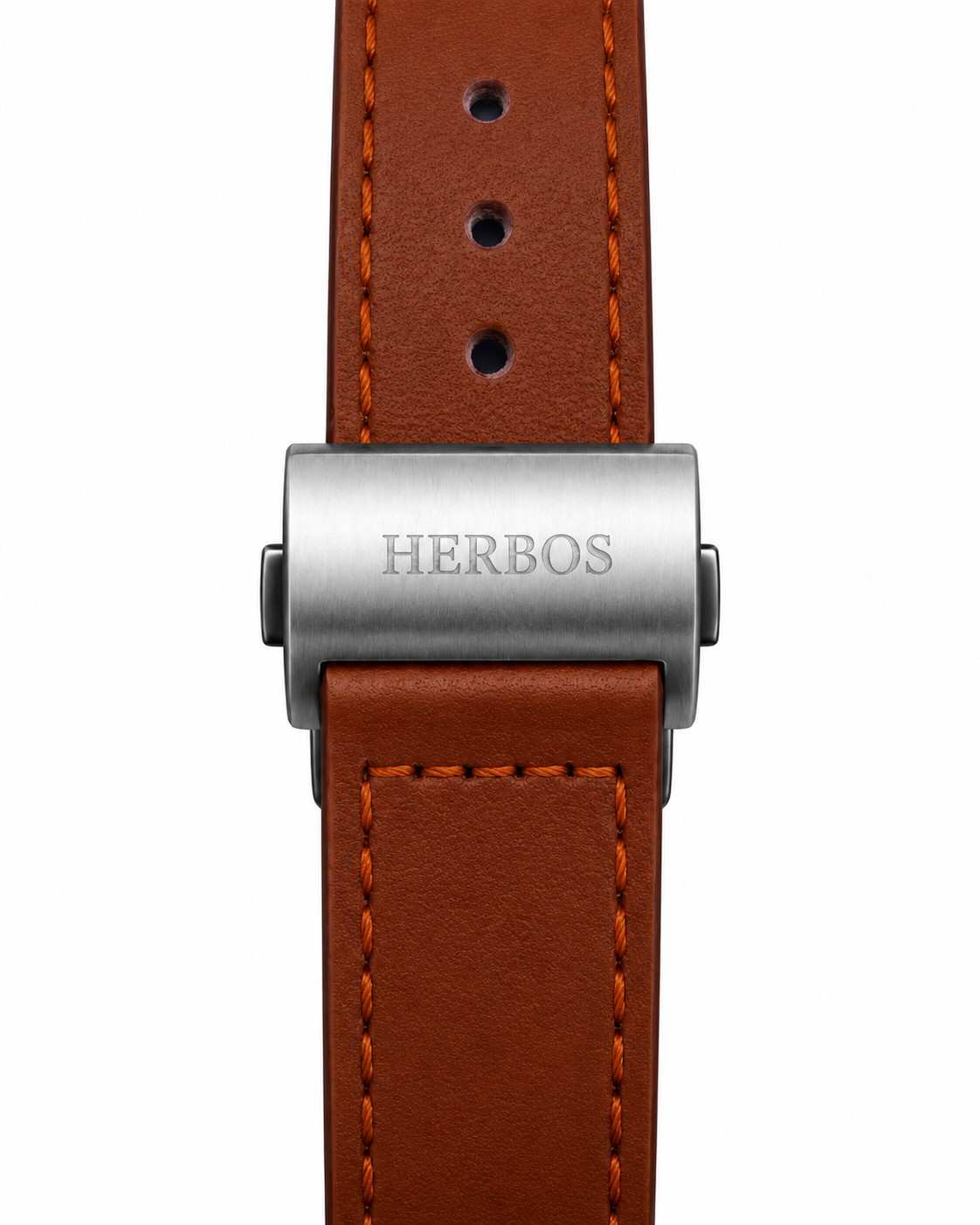 Brown leather strap with a stainless steel buckle engraved HERBOS