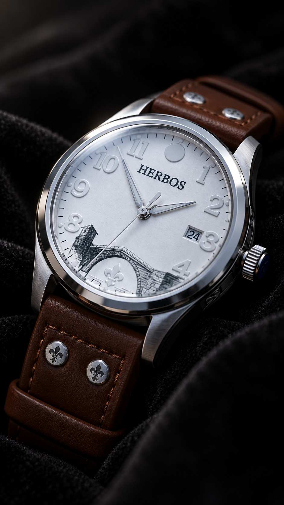 The Herbos Stari Most Edition on black velvet: white dial with the engraved Stari Most